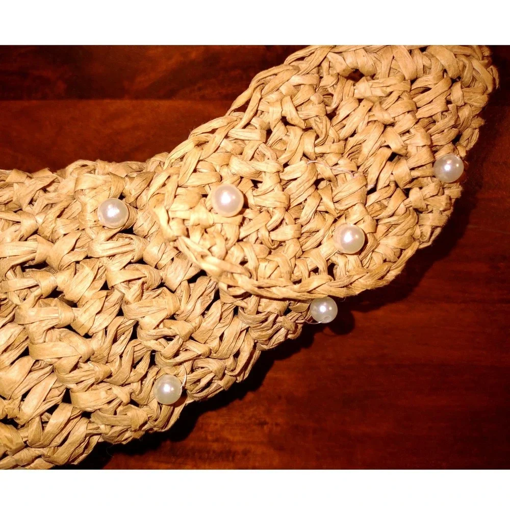 Haute Hippie Pearl Embellished Raffia Hobo Bag Women OS Tan Woven Straw NEW